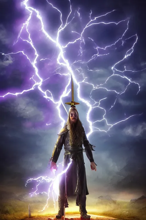 Image similar to hyper realistic wizard holding a sword that’s pointed towards the sky, getting shocked by purple lightning, levitating over a lake, octane, trending on artstation, hyper realistic, highly detailed, unreal engine, amazing depth of field, 8k