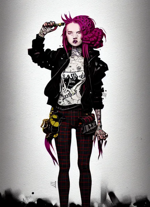 Image similar to highly detailed portrait of a sewer punk lady, tartan hoody, blonde ringlet hair by atey ghailan, by greg rutkowski, by greg tocchini, by james gilleard, by joe fenton, by kaethe butcher, gradient magenta, black, blonde cream and white color scheme, grunge aesthetic!!! ( ( graffiti tag wall background ) )