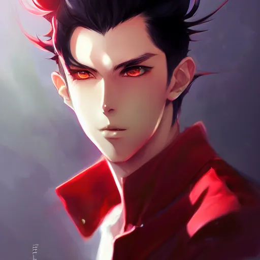 Image similar to anime portrait of a slick black hair guy with red eyes by stanley artgerm lau, wlop, rossdraws, james jean, andrei riabovitchev, marc simonetti, and sakimichan, trending on artstation