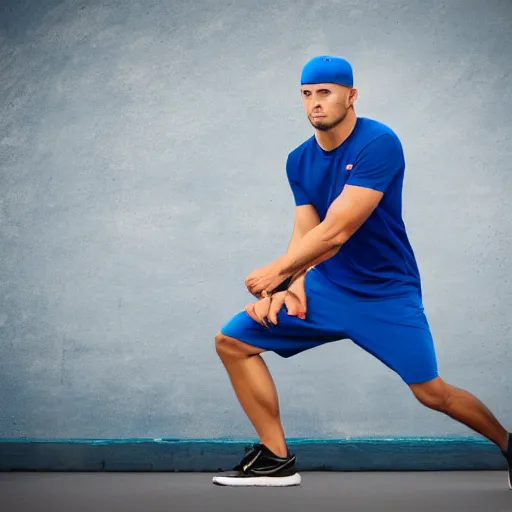 Image similar to heroic pose of an athletic man wearing a blue cap with a P on it