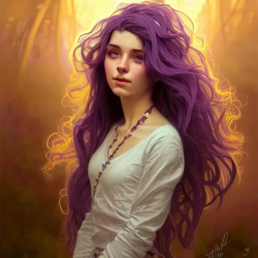 Prompt: portrait of a young girl, nose ring, upper body, purple hair, long hair, joyful smirk, intricate, elegant, highly detailed, digital painting, artstation, concept art, matte, sharp focus, illustration, art by artgerm and greg rutkowski and alphonse mucha