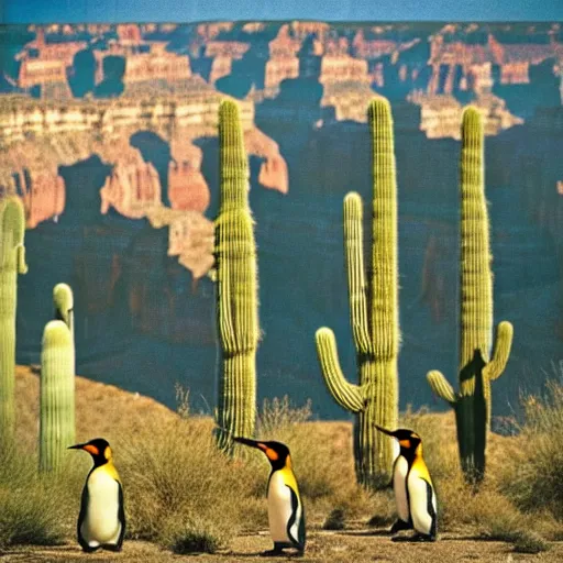 Image similar to “king penguins in the desert, Grand Canyon, New Mexico, saguaro cactuses, Norman Rockwell, mark maggiori, Salvador Dali”