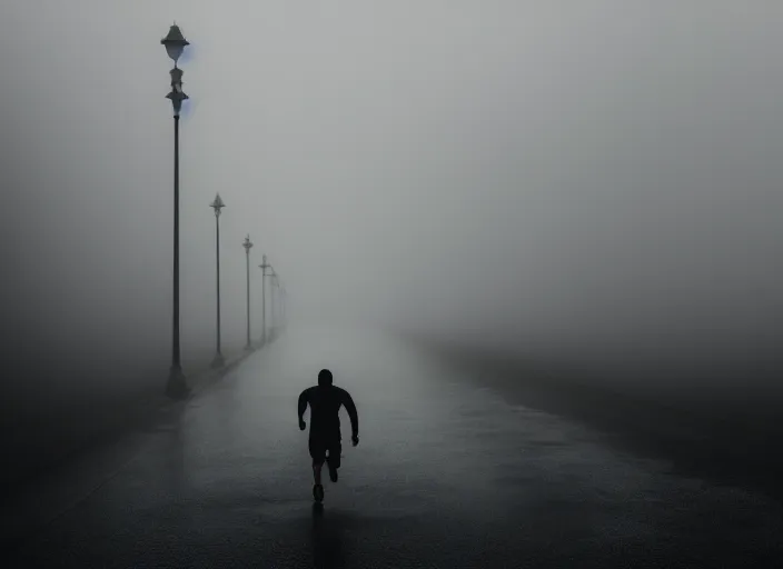 Image similar to a man runs away from the light, fog, rain, volumetric lighting, beautiful, mystique, golden hour, sharp focus, ultra detailed, concept art, jan urschel, dylan cole, noir art house, 4 k, 3 5 mm, fujifilm