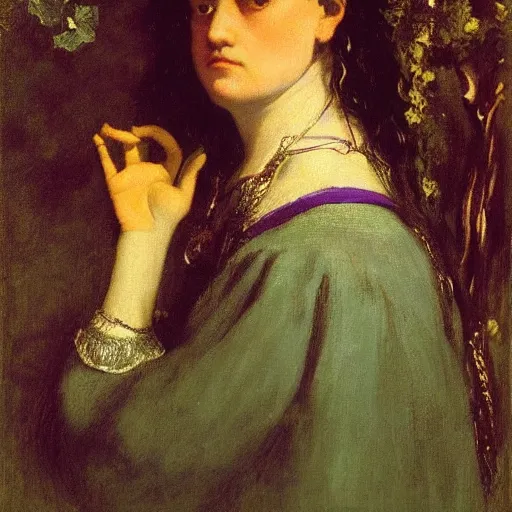 Image similar to portrait of a purple witch with golden embroidery, by gustave courbet.