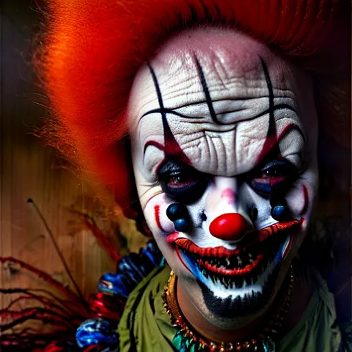 Image similar to uhd photorealisitc authentic madman wearing intricate clown costume and bizarre voodoo makeup, vivid colors, frightening surroundings, correct details, in the style of amano, karol bak, akira toriyama, and greg rutkowski