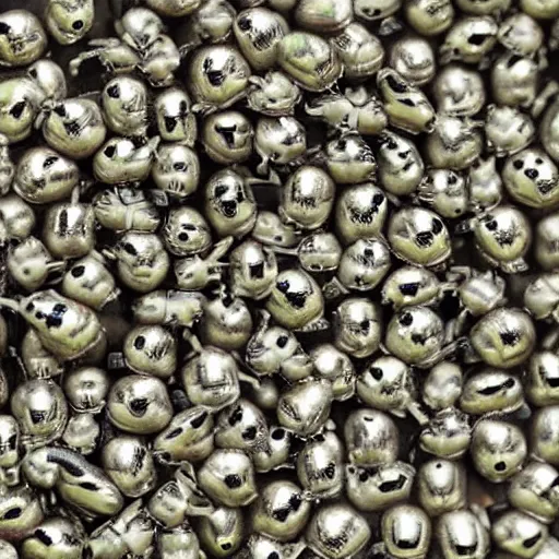 Prompt: army of army of tiny insectoid metallic robots eating a apple