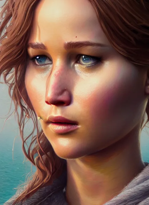 Image similar to highly detailed portrait of jennifer lawrence in gta v, stephen bliss, unreal engine, fantasy art by greg rutkowski, loish, rhads, ferdinand knab, makoto shinkai and lois van baarle, ilya kuvshinov, rossdraws, tom bagshaw, global illumination, radiant light, detailed and intricate environment