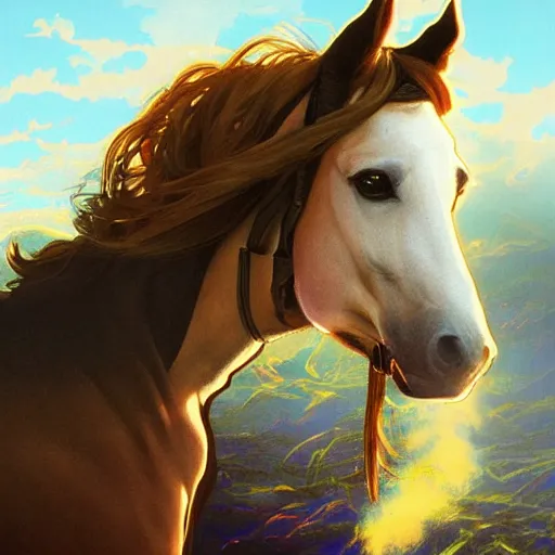 Prompt: a close-up of emma watson turned into a horse as an astronaut, dramatic backlighting, golden hour, kodachrome, high contrast, highly detailed, sharp focus, digital painting, concept art, illustration, trending on artstation, art by greg rutkowski + greg hildebrandt + alphonse mucha