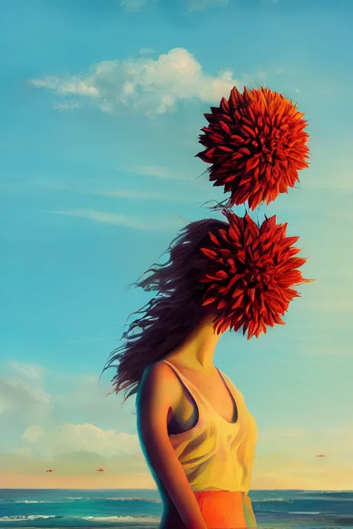 Image similar to closeup huge dahlia flower head, girl standing on beach, surreal photography, blue sky, sunrise, dramatic light, impressionist painting, digital painting, artstation, simon stalenhag