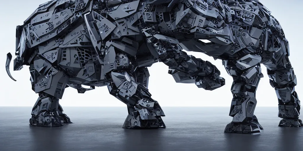 Image similar to robotic elephant with low-poly body-armor, intricate detail, military-grade, futuristic, zaha hadid, 4k, watercooling, unreal engine