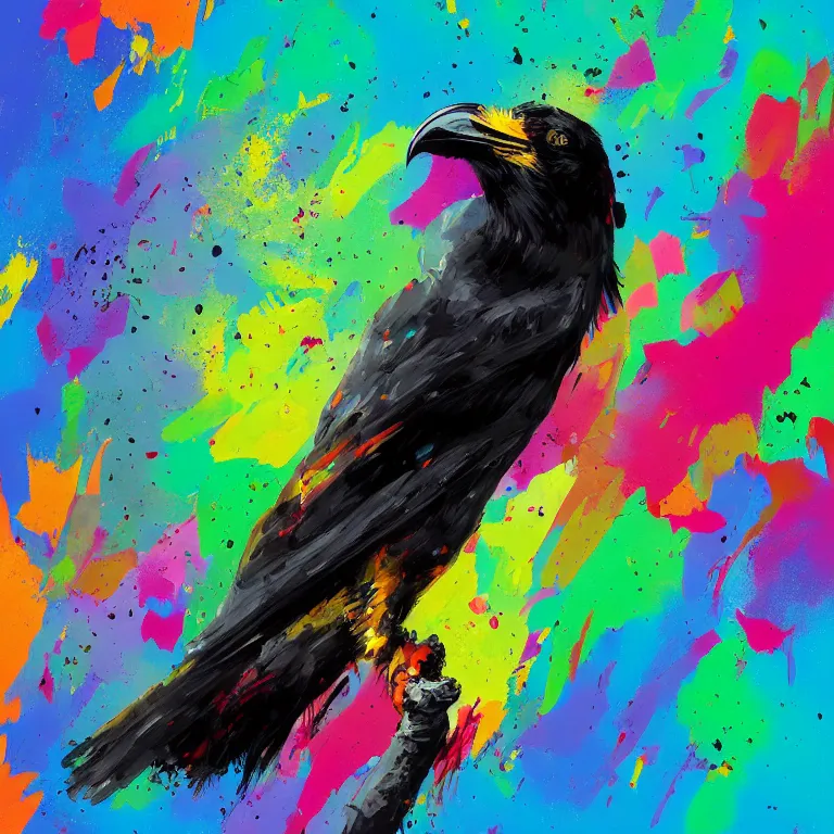 Image similar to colorful illustration of black raven bird, colorful splatters, by andy wrahol and zac retz and kezie demessance