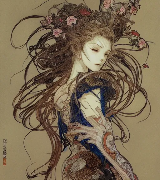 Image similar to yoshitaka amano anime painting, intricate line drawings, pen and ink, alphonse mucha, claire wendling, kentaro miura, ruan jia