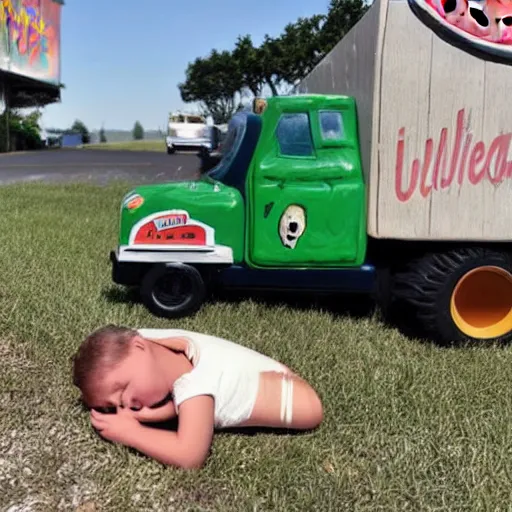 Image similar to a boy fell asleep on a watermelon truck