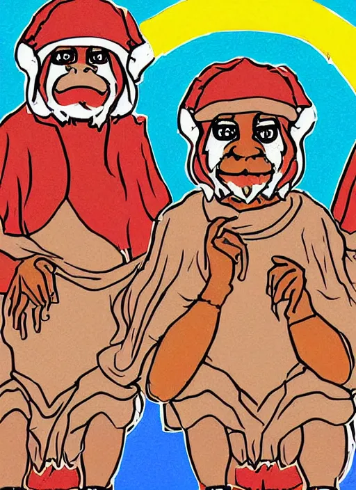 Prompt: digital art illustration of the three wise monkeys, colorful digital art by ralph goings, soft edges, brightly coloured comic book style painting