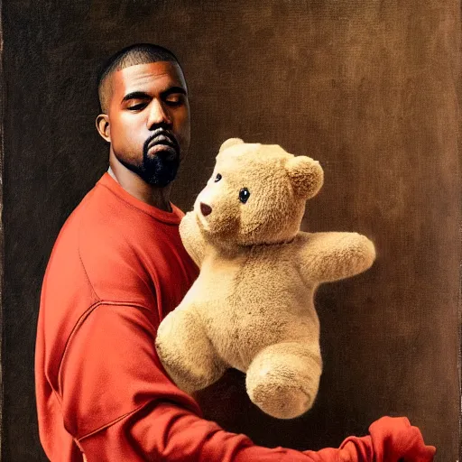 Image similar to A renaissance painting of Kanye West with a anthropomorphic Teddy Bear mascot, painting,