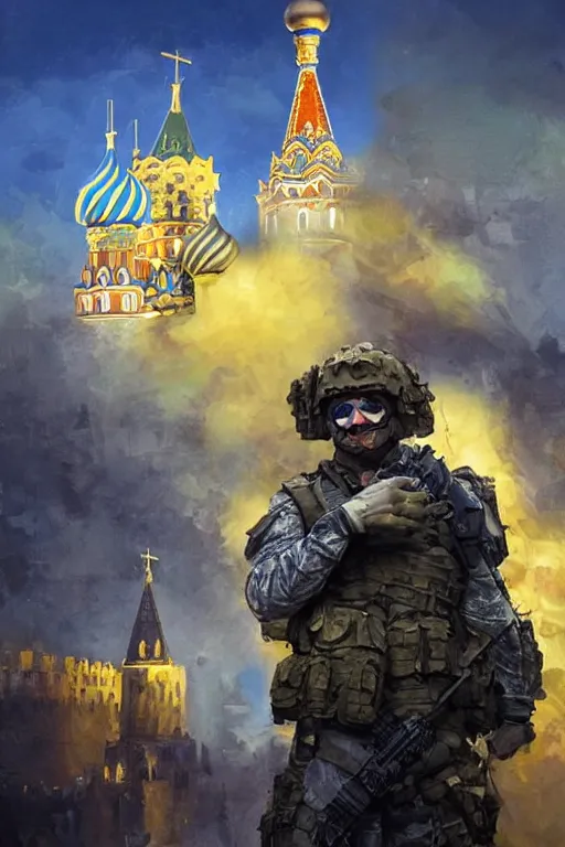 Image similar to special forces soldier raising ukrainian blue and yellow flag, kremlin st. basil cathedral in the background, masculine figure, d & d, fantasy, bright atmosphere, volumetric lights, intricate, elegant, extremely detailed, digital painting, artstation, concept art, matte, smooth, sharp focus, hyper realistic, illustration, art by artgerm and greg rutkowski and alphonse mucha