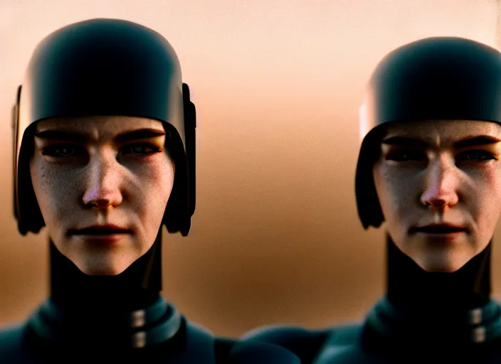 Image similar to cinestill 5 0 d photographic portrait of loving female androids wearing rugged black mesh techwear in a desolate american city, extreme closeup, modern cyberpunk, dust storm, 8 k, hd, high resolution, 3 5 mm, f / 3 2, ultra realistic faces, intricate detail, ex machina