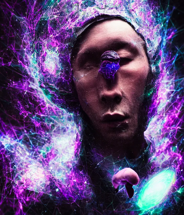 Prompt: impressive entrancing front!! shot photo of a court jester character fine portrait fine portrait mesmerizing caustics hyper cubes platinum cracked dark future hyper dimensional space galactic crystal nebula edges elegant detailed intricate concept artstation sharp focus ray tracing cinematic masterpiece temporal corruption beeple wlop germ 8 4 k scifi glossy hyper realistic illustration canon eos r 3 fujifilm x - t 3 0 sony alpha