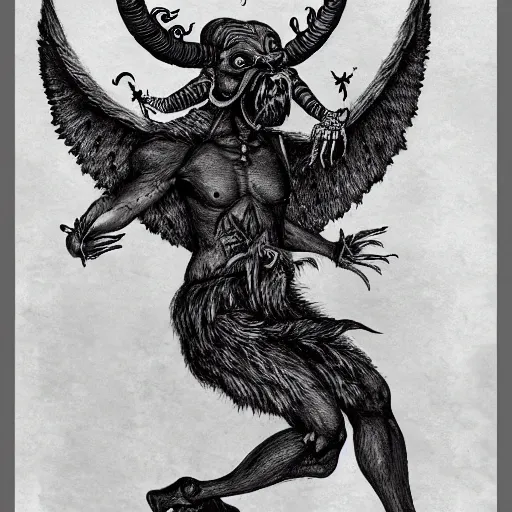 Image similar to pazuzu He stands on two legs and has human arms ending in claws, with two pairs of wings, a scorpion's tail, a snake that emerges from between his legs in front, and a horned, bearded head with bulging eyes and snarling canine mouth swirls of black gouache, hopeless grey, and a daub of cold blue, intricate, highly detailed, digital painting, artstation, concept art, smooth, sharp focus, illustration, Unreal Engine 5, 8K, art by artgerm and greg rutkowski and alphonse mucha, fantasy epic digital art, epic fantasy card game art