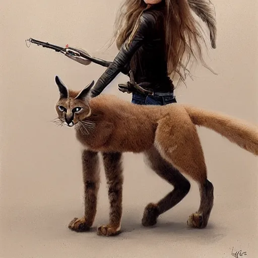 Image similar to young brigitte bardot rides a fluffy caracal in paris, hyperrealistic, detailed, art by greg rutkowski