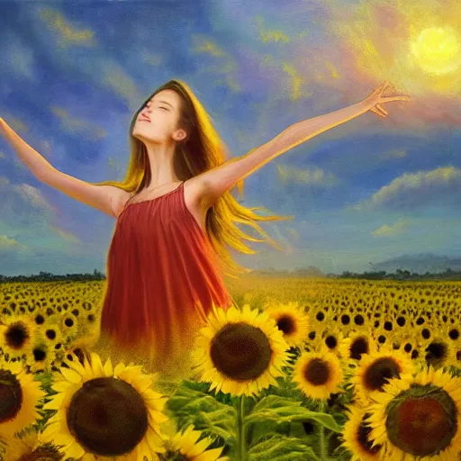 Image similar to a dreamy vision of girl levitating over amazing tall sunflower field, hair flowing, fog, early morning lightning, subtle, intricate details, real masterpiece, oil on canvas, by somsak anong