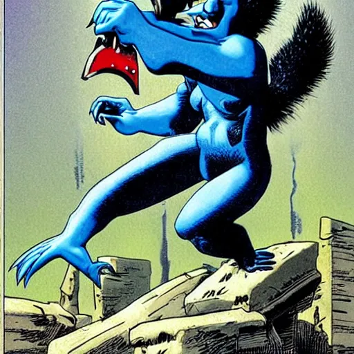 Image similar to a skunk that is blue by richard corben style