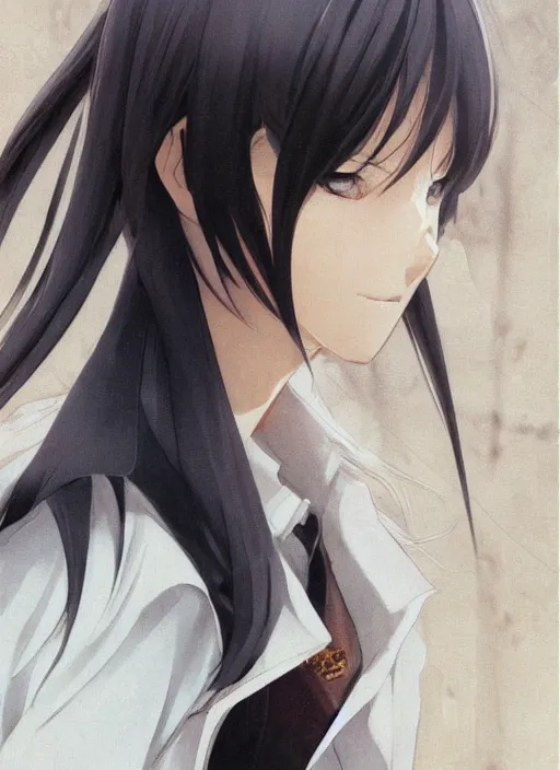 Image similar to luxury advertisement, medium close-up of a manga girl with a white trenchcoat by krenz cushart, Sasoura, Satchely and Akihiko Yoshida, black medium length Dutch bob cut hair with straight bangs, poster