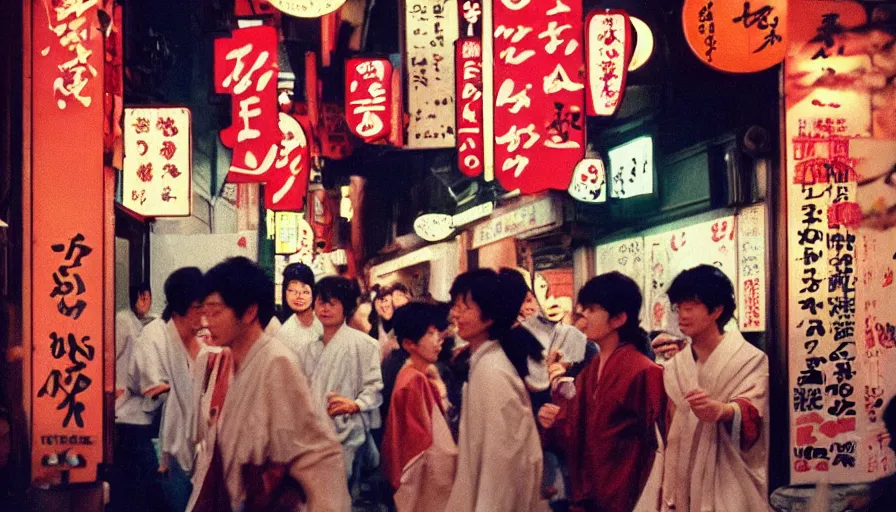 Image similar to masterful photography by haruto hoshi and yang seung woo and saul leiter, young people enjoying night life in kabuki cho japan in the 1 9 9 0 s, film grain, full color, shot on kodak gold with a canon 3 5 mm lens aperture f / 5. 6, hyperrealistic