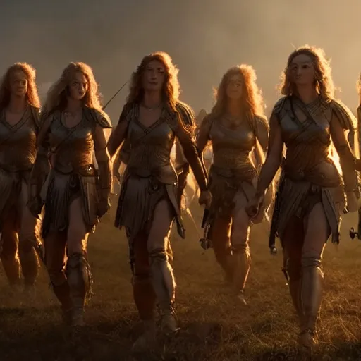 Image similar to the goddesses fraya going to war with her army of valkyries, golden hour, detailed faces, 8 k uhd, high detail, awe - inspiring.