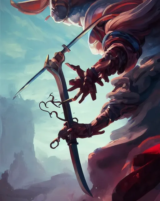 Image similar to action portrait of a magic knight fighting while casting spells with his swords, 4K trending on artstation by peter mohrbacher