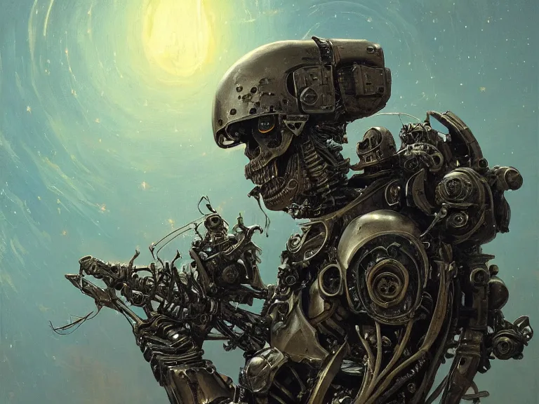 Image similar to a detailed profile oil painting of a skeleton in a space armour, cinematic sci-fi poster. technology flight suit, bounty hunter portrait symmetrical and science fiction theme with lightning, aurora lighting clouds and stars by beksinski carl spitzweg and tuomas korpi. baroque elements. baroque element. intricate artwork by caravaggio. Trending on artstation. 8k