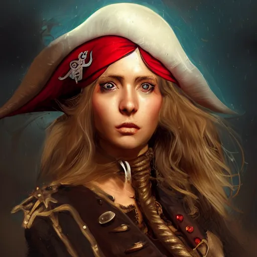 Prompt: beautiful young woman as a pirate captain, thunderstorm, diffuse lighting, full body, fantasy, intricate, highly detailed, lifelike, photorealistic, digital painting, artstation, illustration, concept art, smooth, sharp focus