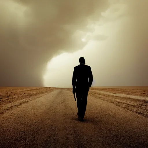 Image similar to a lonely man walking into a desert storm