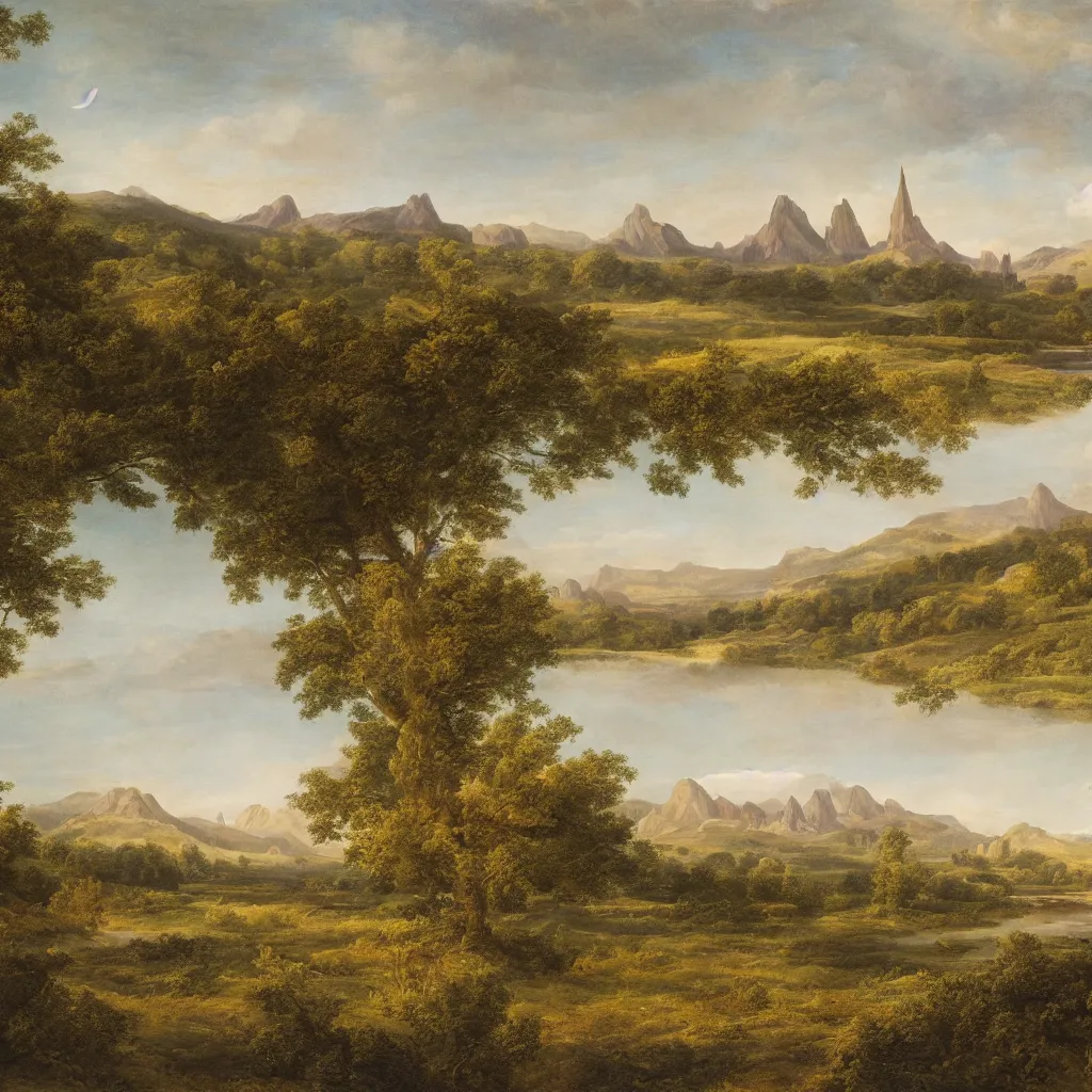 Image similar to a wide angle landscape of a prairie with a very large thin spire mountain in the distance and a wide river running in the middle of the frame with a city upon the river in the style of rococo digital painting