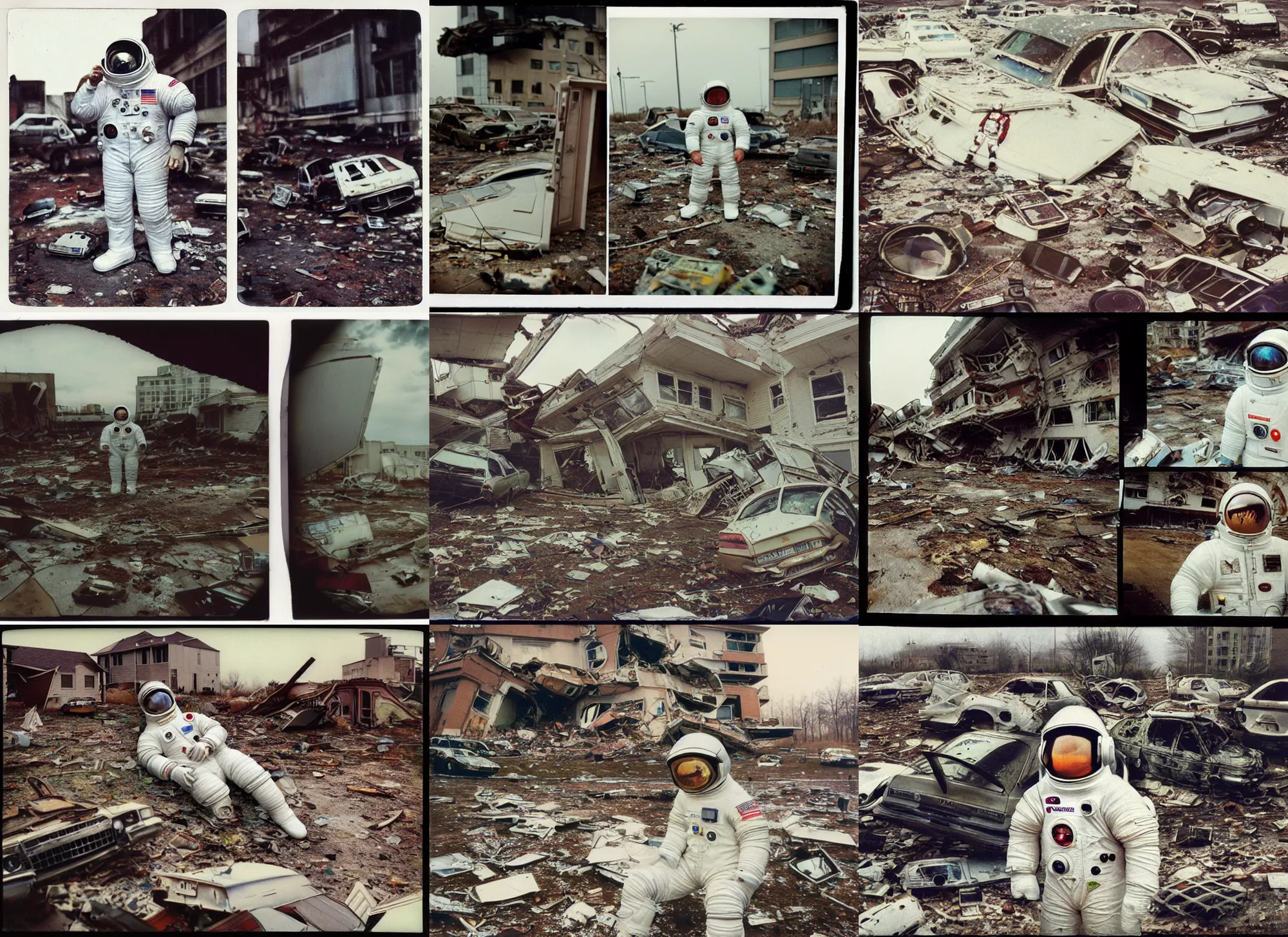 Prompt: faded photographs of american white spacesuit chubby astronaut in postapocalyptic abandoned destroyed sun, wrecked buildings, destroyed flipped wrecked cars, polaroid photo, vintage, 1 9 8 5, neutral colors, rainy day, by gregory crewdson