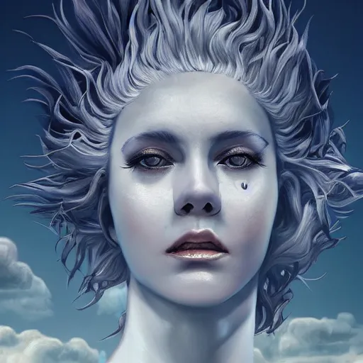 Image similar to a colossal goddess is watching us from above, creative, albino skin, giant, digital art, highly detailed, photo manipulation, clouds, town, covered in clouds, covered by clouds, white hair, digital painting, artstation