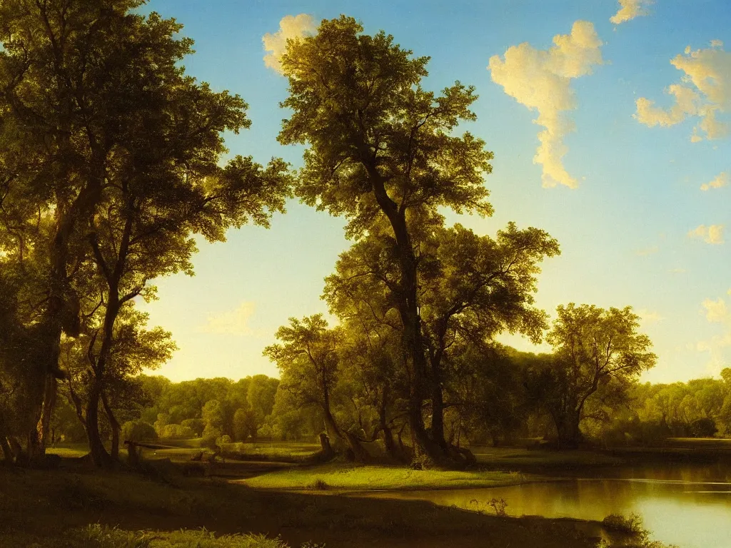 Image similar to a beautiful mississippi landscape, springtime morning, by george caleb bingham, oil on canvas, luminism, hyperrealism