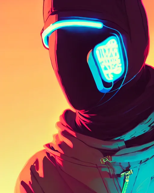 Image similar to cyberpunk synth, hyper - realistic portrait of a man in a hoodie with detailed neon mask, cyberpunk, by atey ghailan, by greg rutkowski, by greg tocchini, by james gilleard, by joe fenton, by kaethe butcher, dynamic lighting, gradient light blue, brown, cinematic lighting color scheme, sharp focus, grunge aesthetic