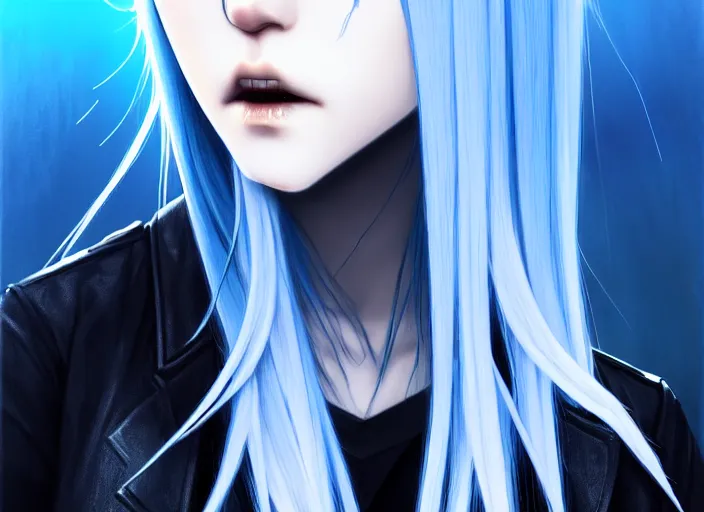 Image similar to full face shot of rimuru tempest, sky blue straight hair, long bangs, with amber eyes, wearing a black jacket, high collar, ultra detailed, concept art, award winning photography, digital painting, cinematic, wlop artstation, closeup, pixiv, evil, yoshitaka amano, andy warhol, ilya kuvshinov,