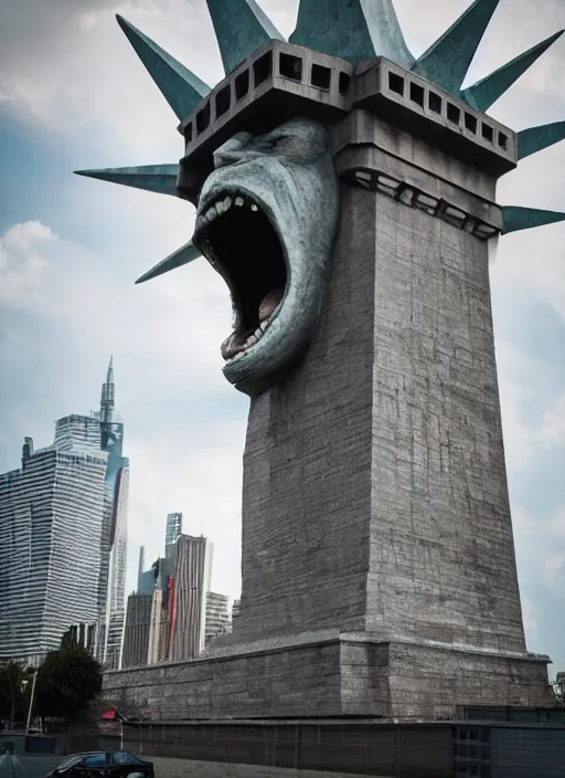 Image similar to giant monster walking between buildings, and it has the angry face of the statue of liberty