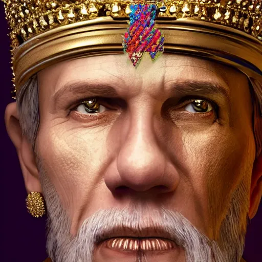 Prompt: John Malkovich with a diamond jeweled crown with a golden crown, photorealistic, highly detailed, 8k, in the art style of Filip Hodas, 8k