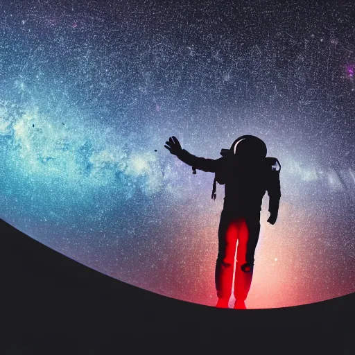 Image similar to astronaut silhouette with arms extended forward, bottom of arms lit by light coming from off camera, light coming from below, starry sky background, lit from below, full body photo,, 8 k