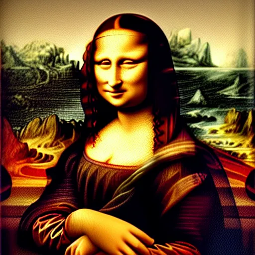 Prompt: the extended painting of the Mona Lisa, unseen, breaking, detailed, photoreal