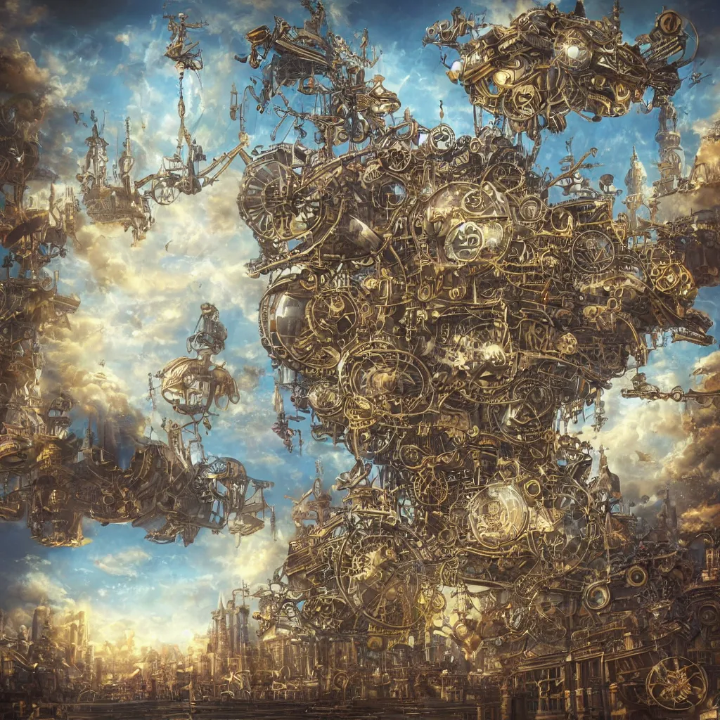 Image similar to flying steampunk city in an enormous mechanical flower, sky, fantasy art