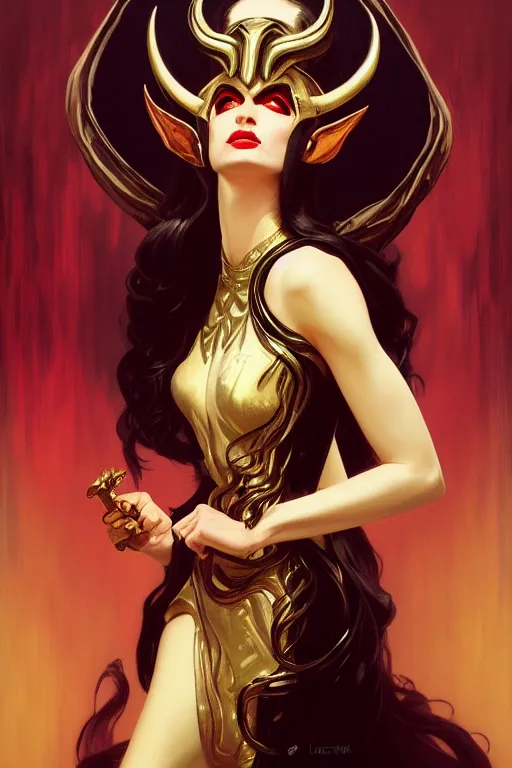 Prompt: highly detailed oil painting, ombre velvet gown, beautiful elegant demon queen with black loki helmet, beautiful face by leyendecker, black, long hair, by greg rutkowski, brom, anato finnstark, alphonse mucha, cinematic lighting,