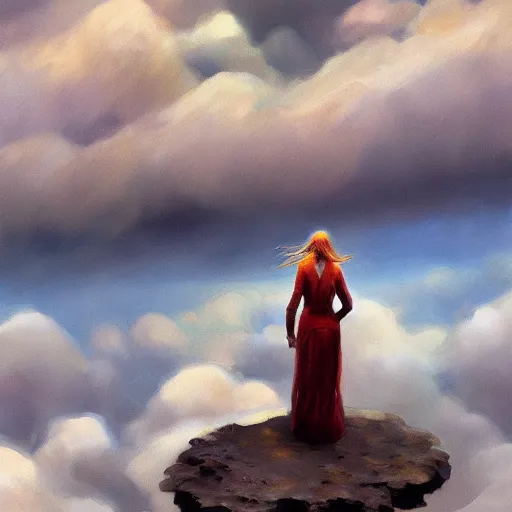 Image similar to woman stands on land that floats amongst the clouds, by jon foster