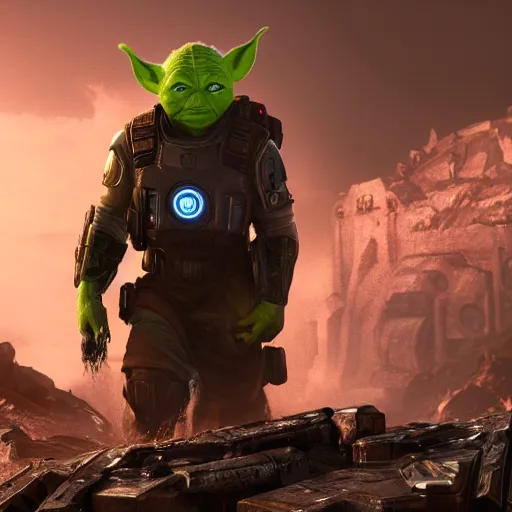 Image similar to yoda as ironman ironman in gears of war, splash art, movie still, cinematic lighting, dramatic, octane render, long lens, shallow depth of field, bokeh, anamorphic lens flare, 8 k, hyper detailed, 3 5 mm film grain