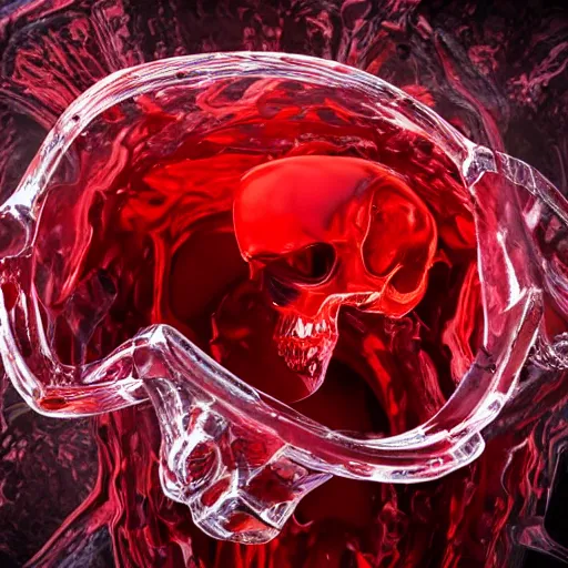 Image similar to twisted scene of a twisted transparent cube half filled with turbulent red liquid inside in a transparent skull