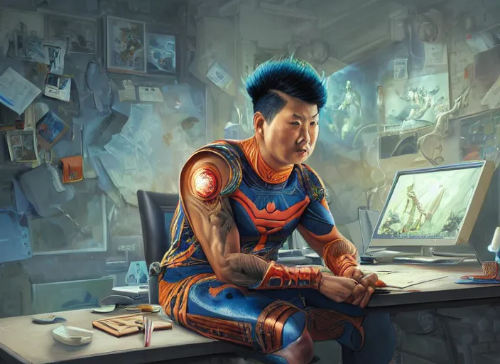 Image similar to an insanely detailed painting of an asian man wearing a homemade superhero costume, sitting at a desk, staring seriously at the computer and typing, in the style of peter mohrbacher, james jean, artgerm, dramatic lighting and composition, surreal background, octane render, pixar, trending on artstation, concept art, comic book, view from behind, 8 k