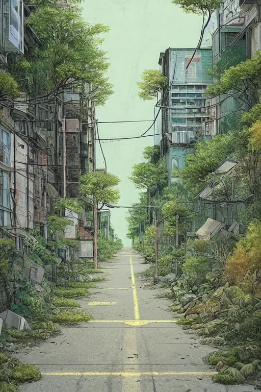 Prompt: (((((an abandoned city street, overgrown with plants and trees))))) by Tokyo Genso!!!!!!!!!!!!!!!!!!!!!!!!!!!